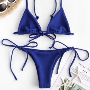 Cobalt Blue M Bikini Ribbed Bralette String Thong